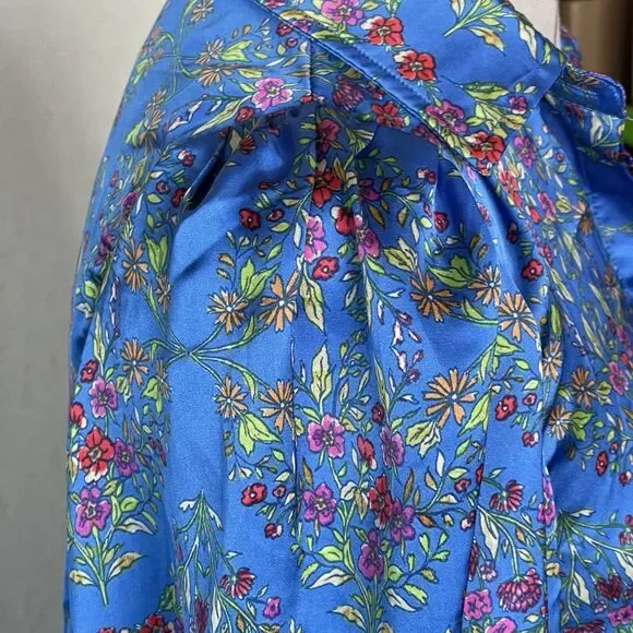 Olivaceous Womens Blouse Sz Small Satin Floral Button down Blue Spring Summer - Picture 8 of 16
